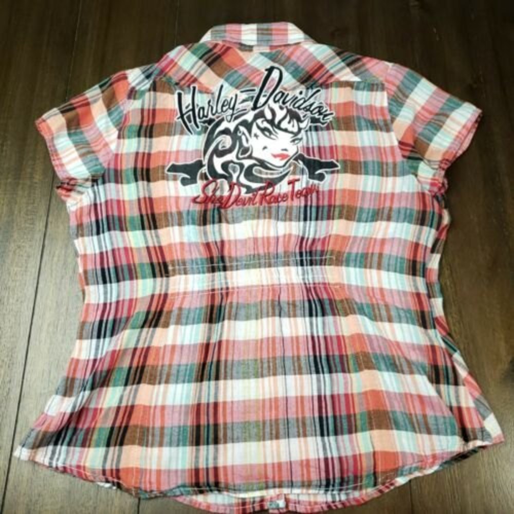 HARLEY DAVIDSON Pearl Snap Button Shirt She Devil Racing Team Plaid SZ Medium